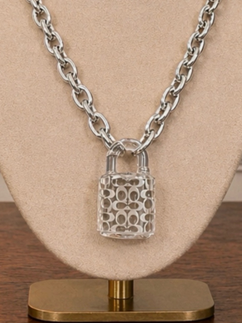 Coach Silver Tone Chain Necklace with Padlock Pendant